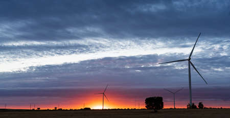 Modern windmills silhouettes over cultivated fields at orange duskの写真素材