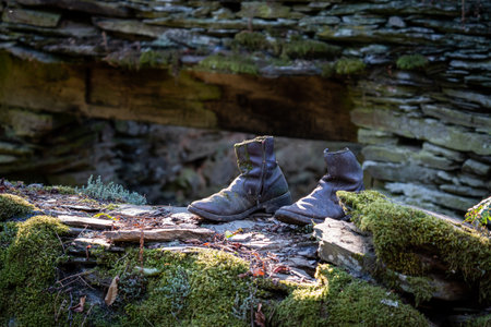 Old run-down boots with moss over the wallの写真素材