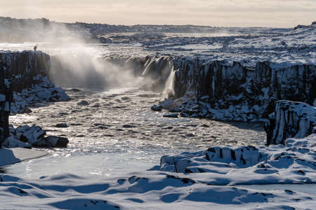 Selfoss waterfall long exposure at dawn in Vatnajokull National Parkの写真素材
