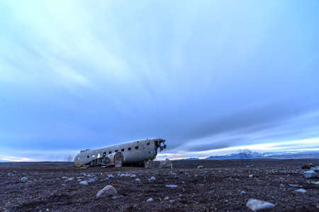Wreck of and airplane in Iceland, long exposure panoramaの写真素材
