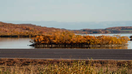 Isolated road on Autumn near the lakeの写真素材
