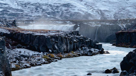 Godafoss, Icelandic waterfall long exposure from the distanceの写真素材