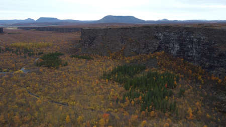 Asbyrgi canyon drone view in autumn, Icelandの写真素材