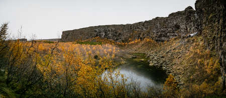 Walls surrounding Asbyrgi canyon with orange trees on autumn