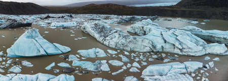 Glacier lake panoramic view with huge icebergsの写真素材