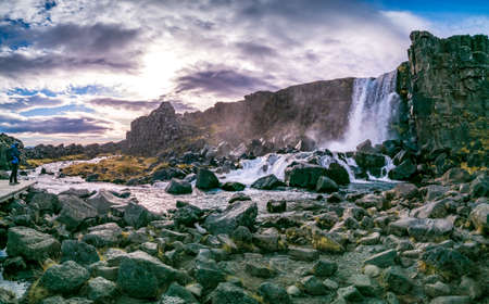 Thingvellir national park waterfall panorama in Icelandの写真素材