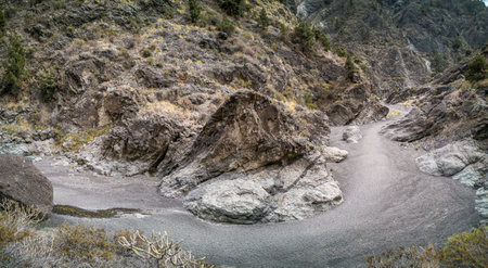 Dry river canyon wide panorama on summerの写真素材