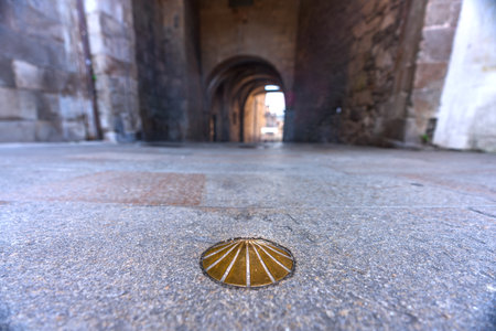 Long exposure of pilgrims shell near Obradoiro plazaの写真素材