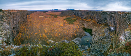Super wide panorama of Asbyrgi canyon on autumnの写真素材