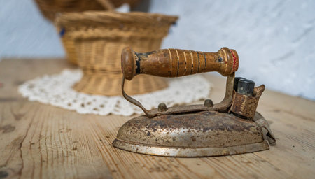 Antique rusty iron plate closeup view over wooden tableの写真素材