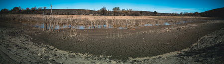 Ultra wide panorama of dry end of the reservoir