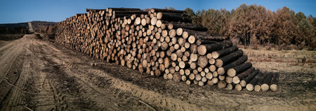 Huge bunch of logs after pine tree forest fireの写真素材