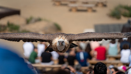Spectacular vulture flying towards the camera over the crowdの写真素材