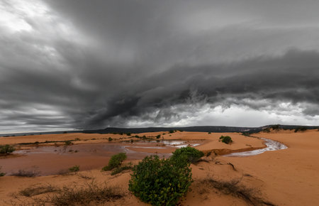 Dark storm clouds over sandy landscape in rural sceneの写真素材