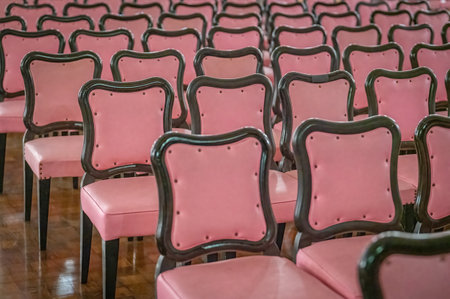 Rows of Pink Cushioned Chairs Await Audienceの写真素材