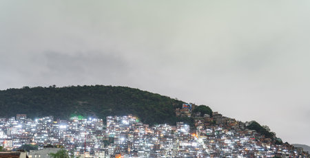 Densely Populated Favela on a Forested Hillside at Nightの写真素材