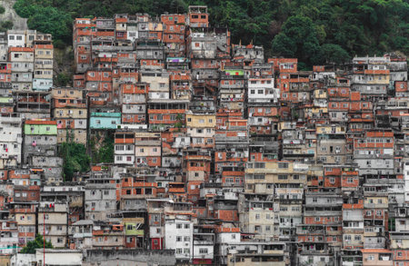 Colorful Favela on Steep Hillside Overlooking Brazilian Jungleの写真素材