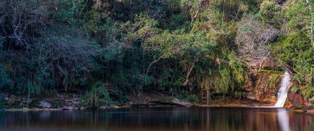 Serene Waterfall in a Lush Forested Landscapeの写真素材