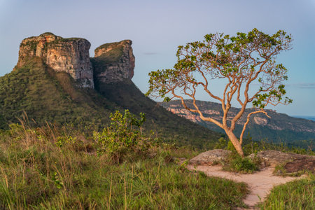 Scenic View of Majestic Rock Formations at Sunsetの写真素材