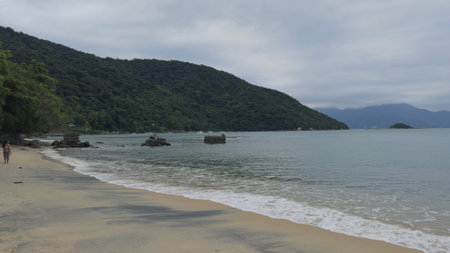Romantic couple walking along tropical beach shorelineの写真素材