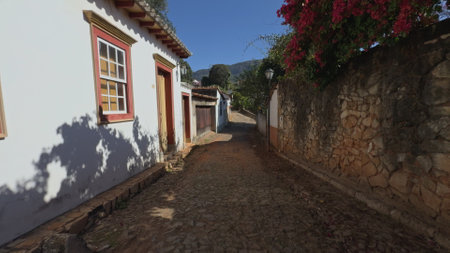 Charming Colonial Street with Stone-paved Road in Summerの写真素材