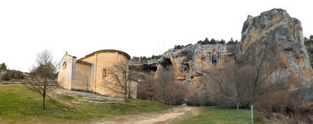 Ancient Church Landscape with Rocky Cliffs and Treesの写真素材