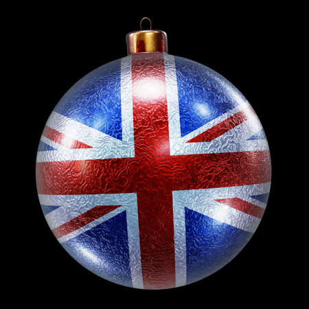 3D render of the United Kingdom of Great Britain and Northern Ireland flag Christmas ball isolated on blackの写真素材
