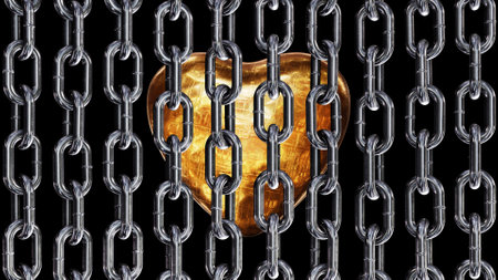 3D illustration of the gold heart behind silver steel chains against black backgroundの写真素材