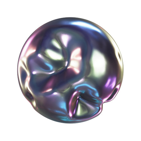 Realistic 3D illustration of the abstract liquid morphing metallic sphere isolated on whiteの写真素材