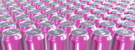 Realistic panoramic 3D illustration of the pink metallic aluminum drink cans rendered as backgroundの写真素材