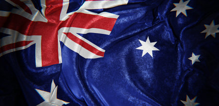 Realistic panoramic 3D illustration of the grungy flag of Australia rendered as backgroundの写真素材