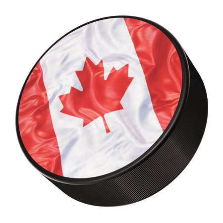 Realistic 3D illustration of the national flag of Canada ice hockey puck isolated on whiteの写真素材