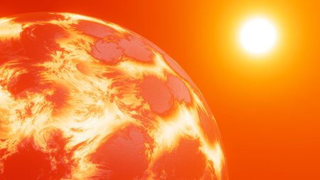 Realistic 3D illustration of the melting dying planet against shining Red Dwarf starの写真素材