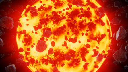 Realistic 3D illustration of the Red Dwarf star with drifting asteroids rendered as backgroundの写真素材