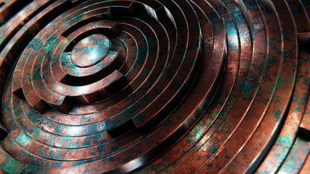 Realistic 3D illustration of the aged corroded copper or bronze rings rendered as backgroundの写真素材