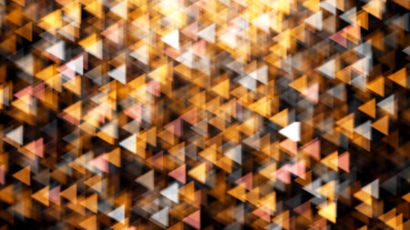 Realistic 3D illustration of the shining colorful yellow triangular light particles bokeh rendered...
