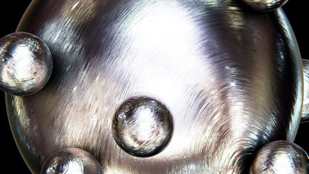 Realistic 3D illustration of the textured scratched silver stainless steel metallic sphere with orbital rolling small stainless steel silver metallic spheres as satellites rendered as backgroundの写真素材