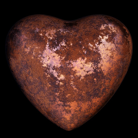 Realistic 3D illustration of the rusty metal aged weathered heart isolated on blackの写真素材