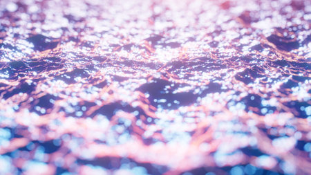 Realistic shallow DOF camera 3D illustration of the shining waving ocean waters at sunsetの写真素材