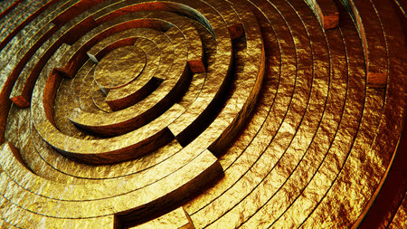 Realistic abstract 3D illustration of the clock-style textured gold rings pattern rendered as backgroundの写真素材