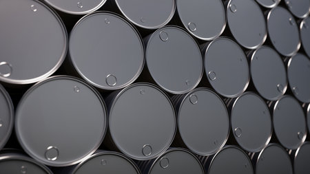 Realistic DOF camera 3D illustration of the black petrol barrels stacked at warehouse