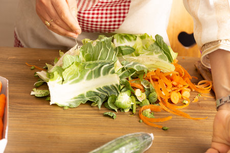 Woman in apron preparing vegetable salad on wooden table, closeupの写真素材