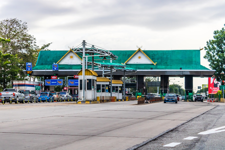 Highway traffic jam on pay toll station in Europe.のeditorial素材