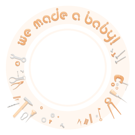 Illustration of a baby robot lying on a pillow surrounded by tools and consumable parts with text âWe made a babyâ. Baby robot for a postcard. Baby robot for an announcement of a pregnancy. Newborn robot for a mascotのイラスト素材