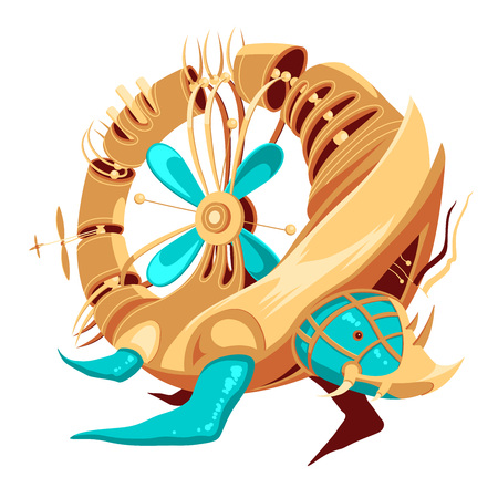 Illustration of a robot-turtle with yellow and turquoise metal parts and a propeller. Donut shaped hollow turtle robot. Exotic metal turtle for a mascot. Robot-turtle for a logotype. Funky metal hybrid or robot and turtle.のイラスト素材