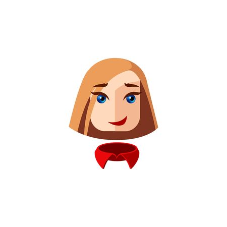 Girl character with blue eyes and red straight hair. Female character face with red collar. Mascot for a businesswoman. Avatar for a young woman. Face of a lady looking forward. Portrait of a girlのイラスト素材