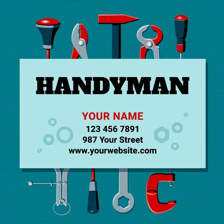 Vector illustration of the contents of a builder toolbox. Household tools arranged in a design composition. Tools of a handyman for business card, master class flyer, banner, web and print designs.のイラスト素材