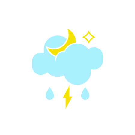 Vector weather icon of a blue cloud with lightning, moon and drops to show the stormy night forecast and the current climate outside for applications, widgets, and other meteorological designs.のイラスト素材