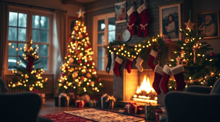 Christmas living room with fireplace and christmas tree. Blurred background.の写真素材
