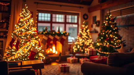 Christmas tree and presents in cozy living room with fireplace on background.の写真素材